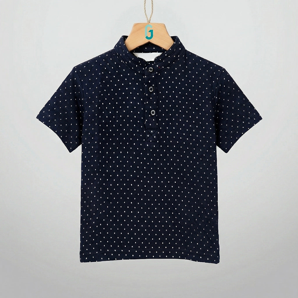 Chinese Collar T Shirt - Navy Blue With White Dots-28065