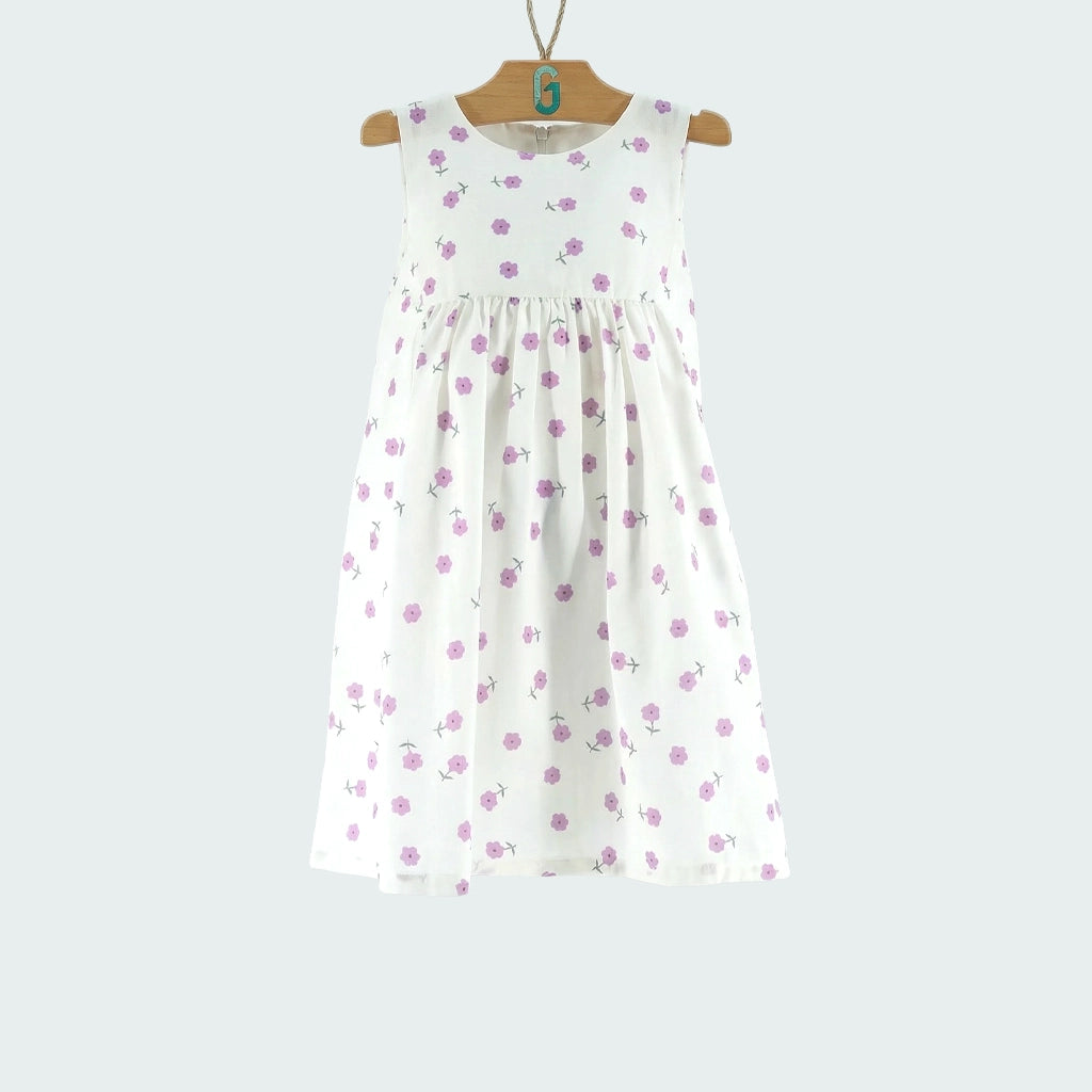 Dress White - Purple flowers printed - S.Less-27627