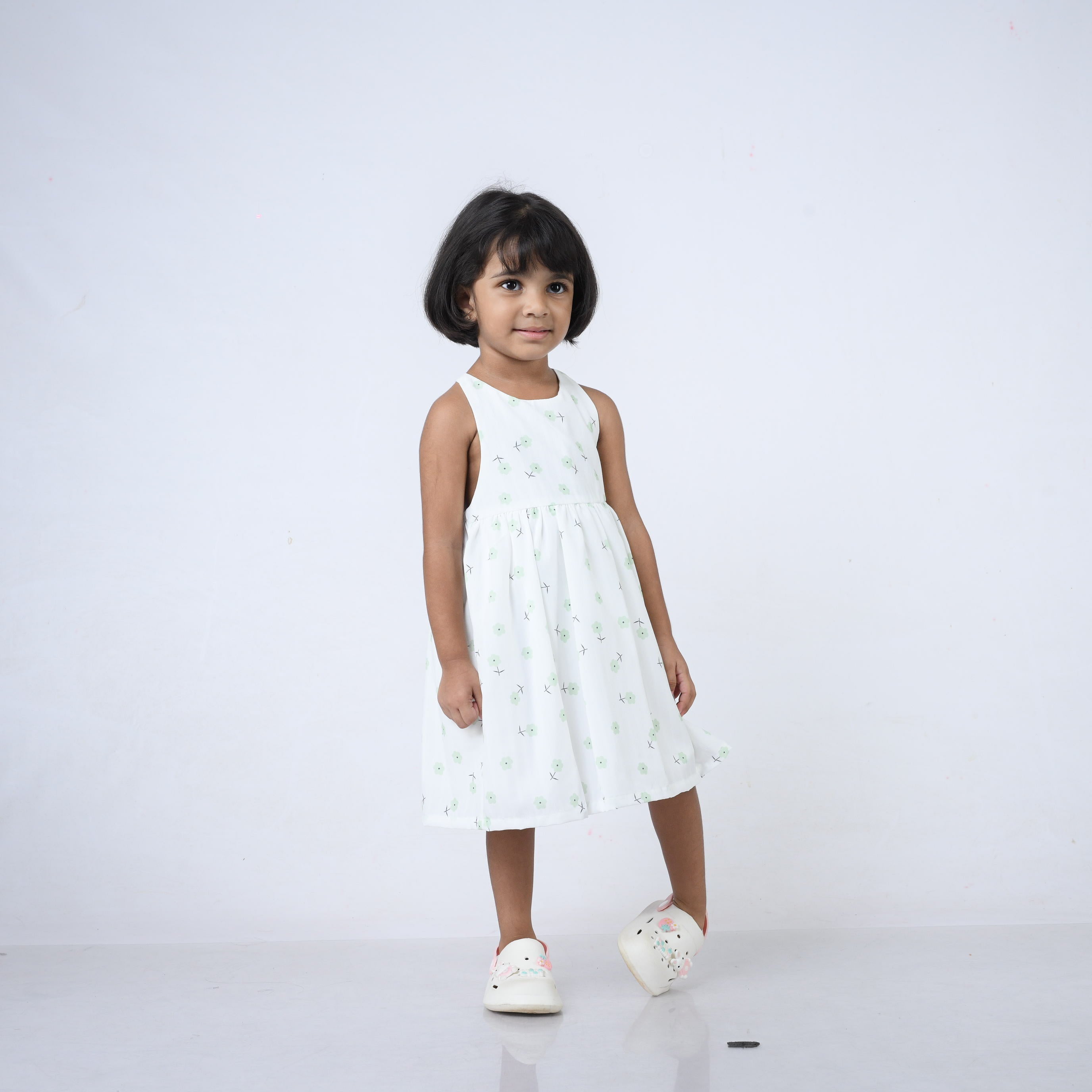 Dress Sleeveless With apple Green Flower Print-27634