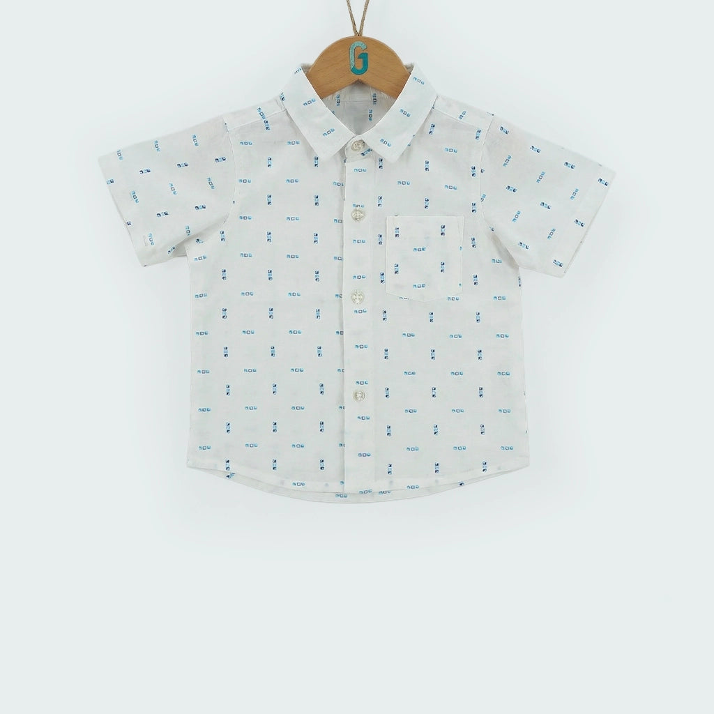 Shirt White - L.blue, N.blue Squares Printed-27803