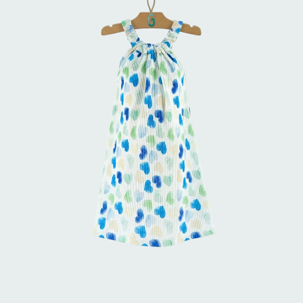 Dress white Blue hearts printed, high neck-27814