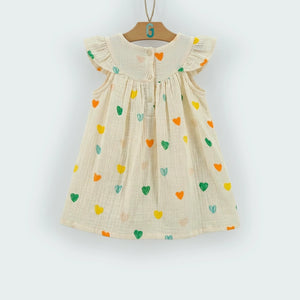 Dress Knit Yellow - Green, Orange hearts p. - Short Sleeve-27841