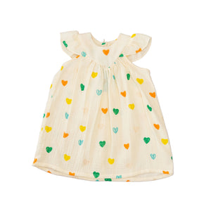 Dress Knit Yellow - Green, Orange hearts p. - Short Sleeve-27841