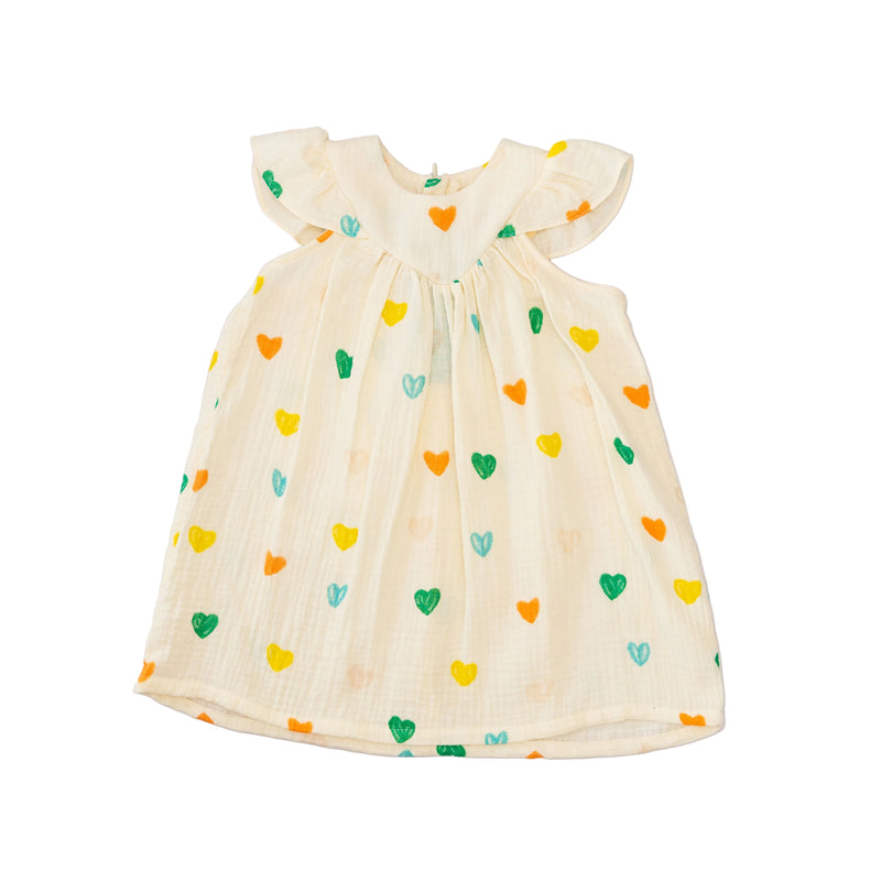 Dress Knit Yellow - Green, Orange hearts p. - Short Sleeve-27841