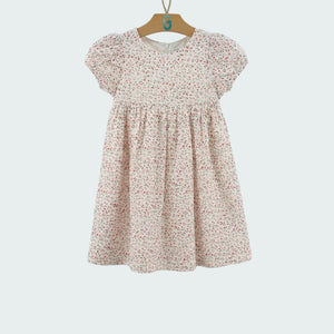 Dress Frill Sleeve - Off White With Small Pink Flowers-27959