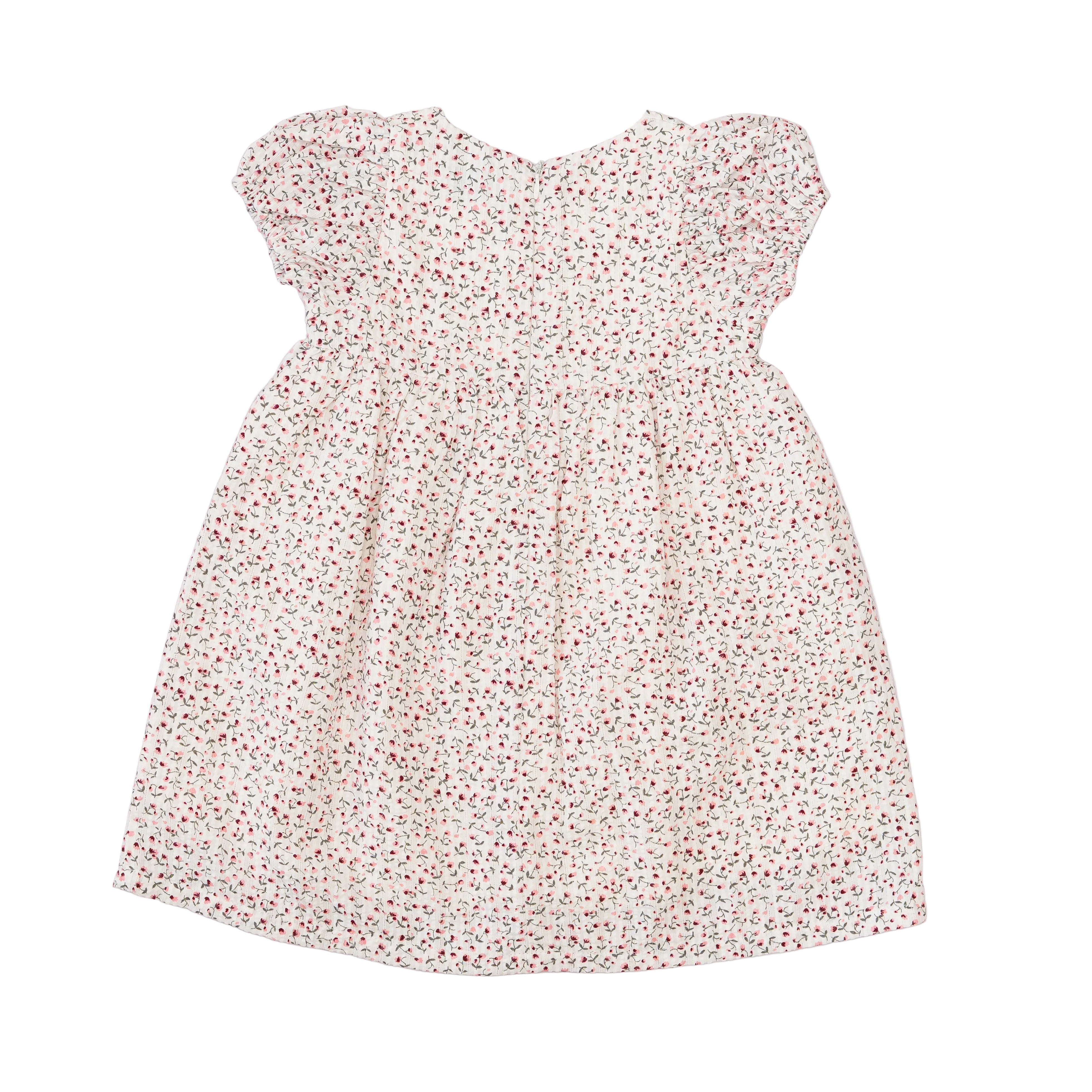 Dress Frill Sleeve - Off White With Small Pink Flowers-27959