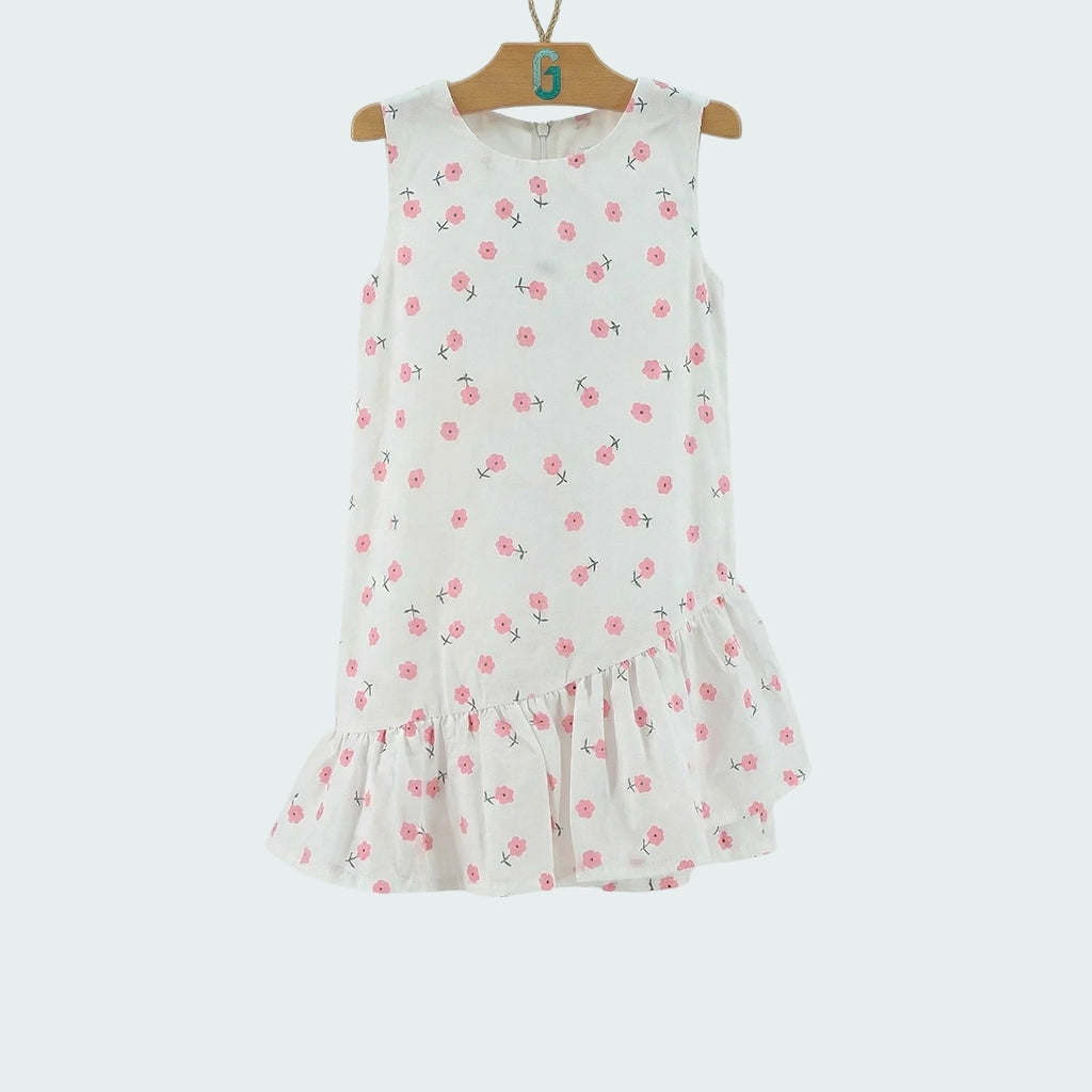 Dress Double Frill White - Pink Flowers Printed-27969