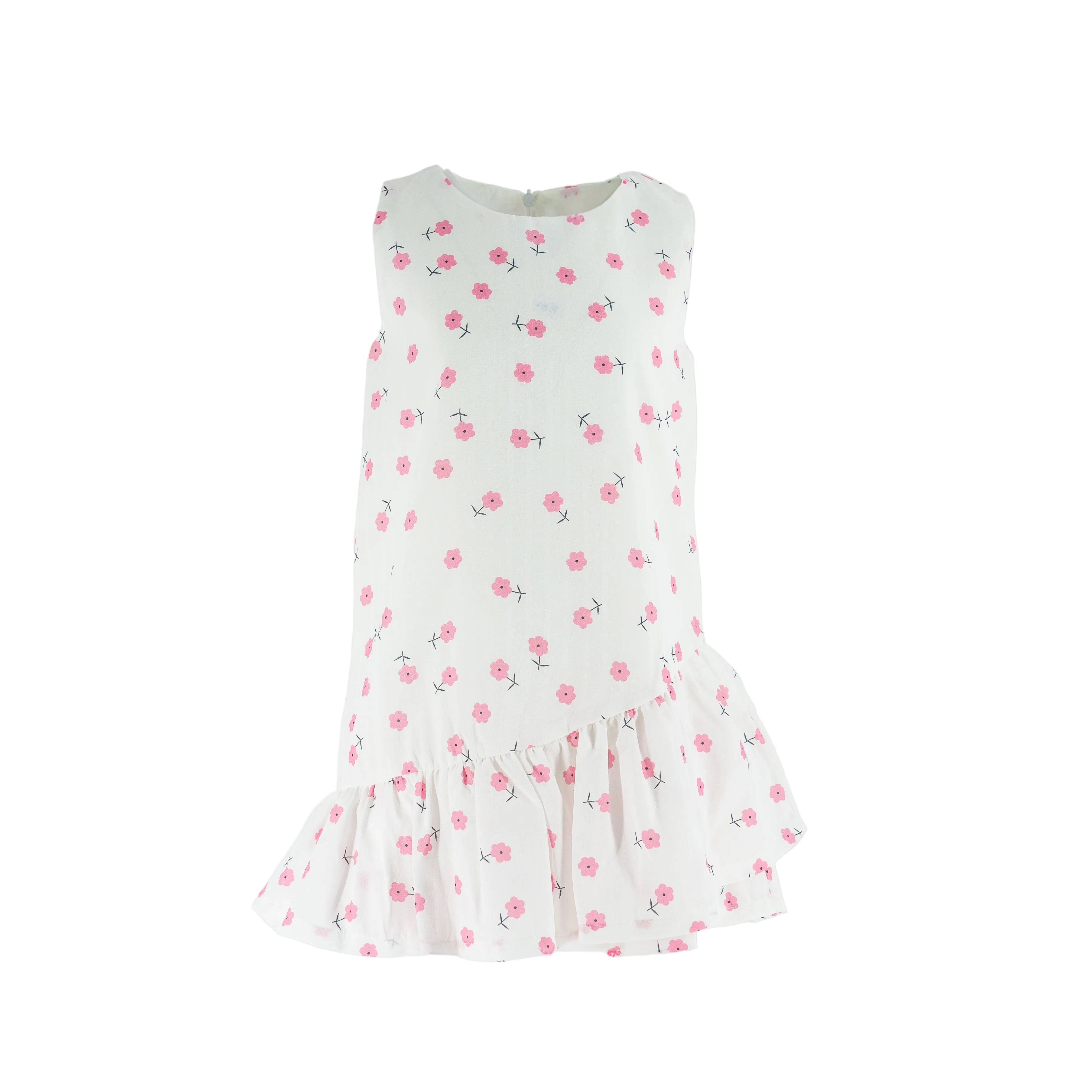 Dress Double Frill White - Pink Flowers Printed-27969