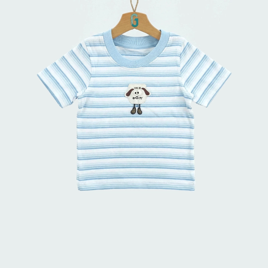 Crewneck Dog Badge With Legs - White And Light Blue stripes-27990