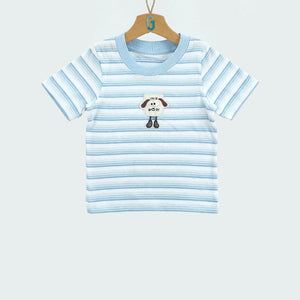 Crewneck Dog Badge With Legs - White And Light Blue stripes-27990