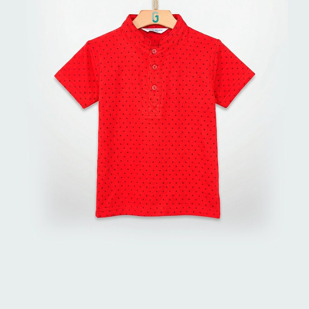 Chinese Collar Tee - Red and Navy Blue Dots-28038
