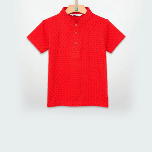 Chinese Collar Tee - Red and Navy Blue Dots-28038