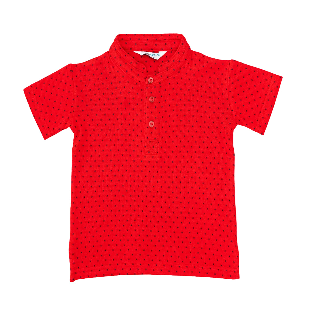 Chinese Collar Tee - Red and Navy Blue Dots-28038