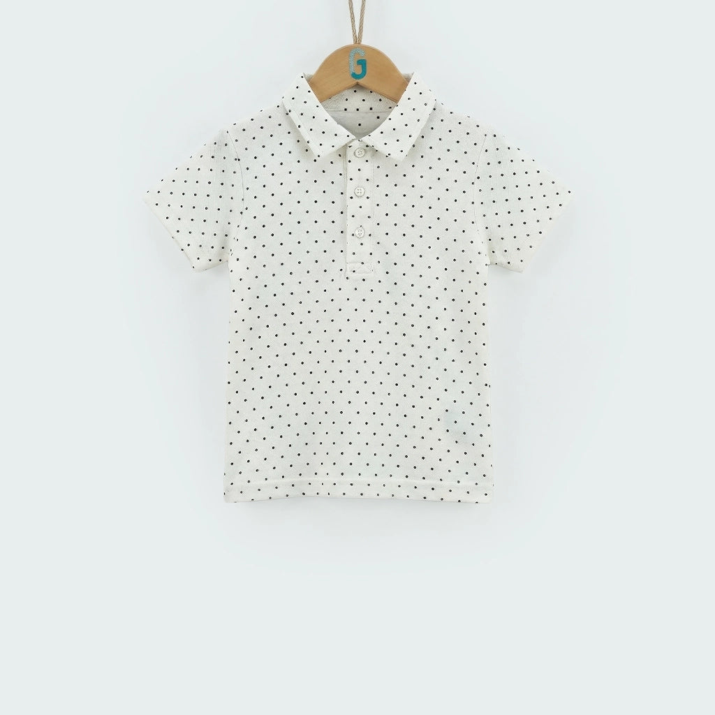 Chinese Collar T shirt - White With Navy Blue Dots-28045