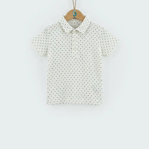 Chinese Collar T shirt - White With Navy Blue Dots-28045