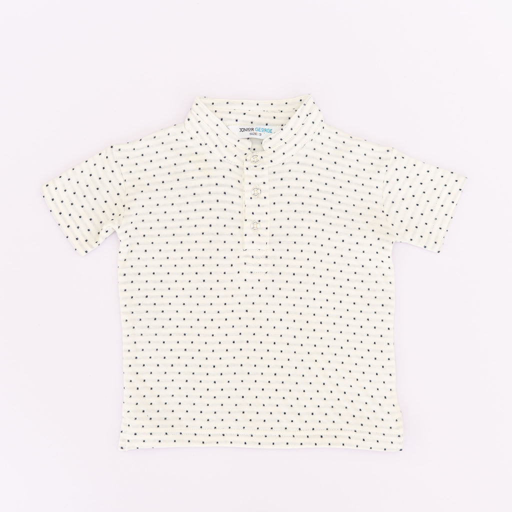 Chinese Collar T shirt - White With Navy Blue Dots-28045