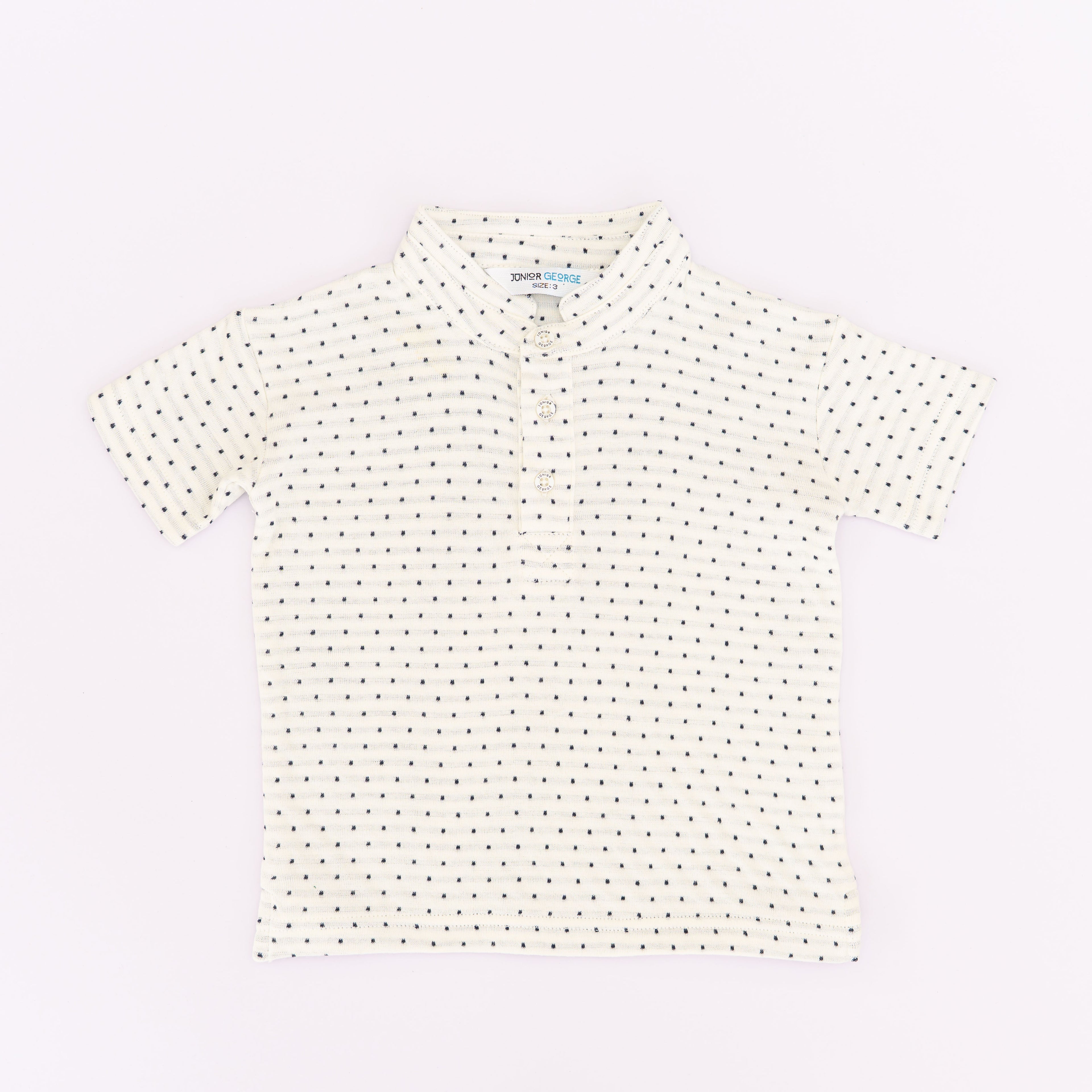 Chinese Collar T shirt - White With Navy Blue Dots-28045