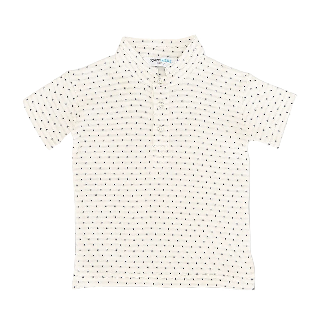 Chinese Collar T shirt - White With Navy Blue Dots-28045