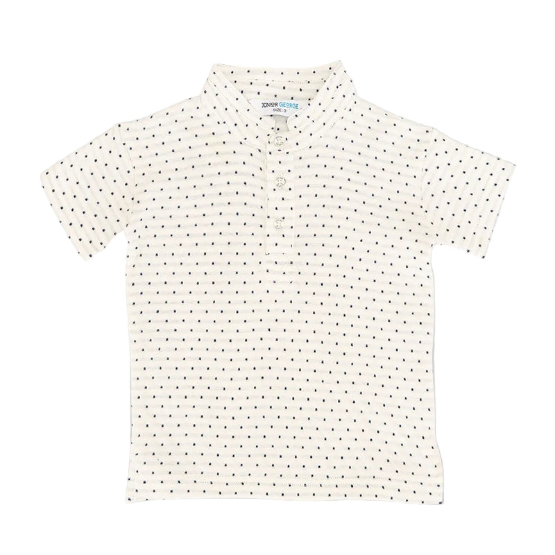 Chinese Collar T shirt - White With Navy Blue Dots-28045
