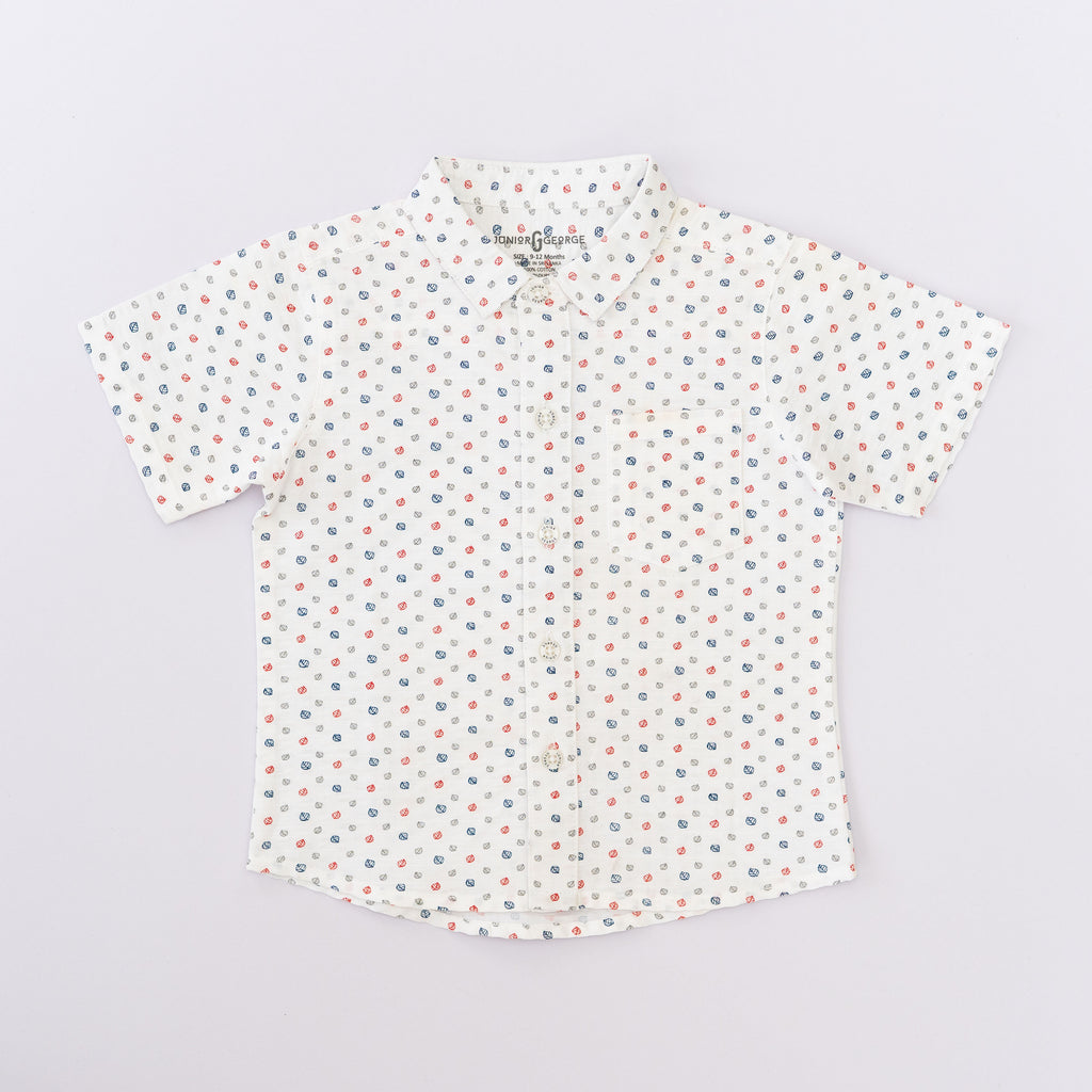 Chinese Collar T shirt - White With Navy Blue Dots-28045