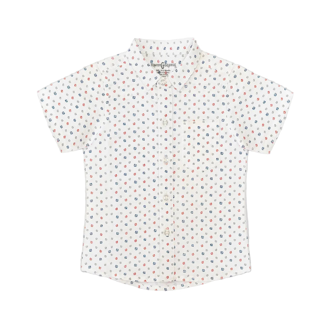 Chinese Collar T shirt - White With Navy Blue Dots-28045