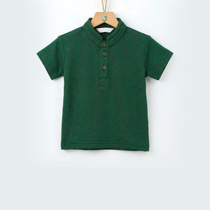 Chinese Collar T shirt - Green With Red Dots-28046