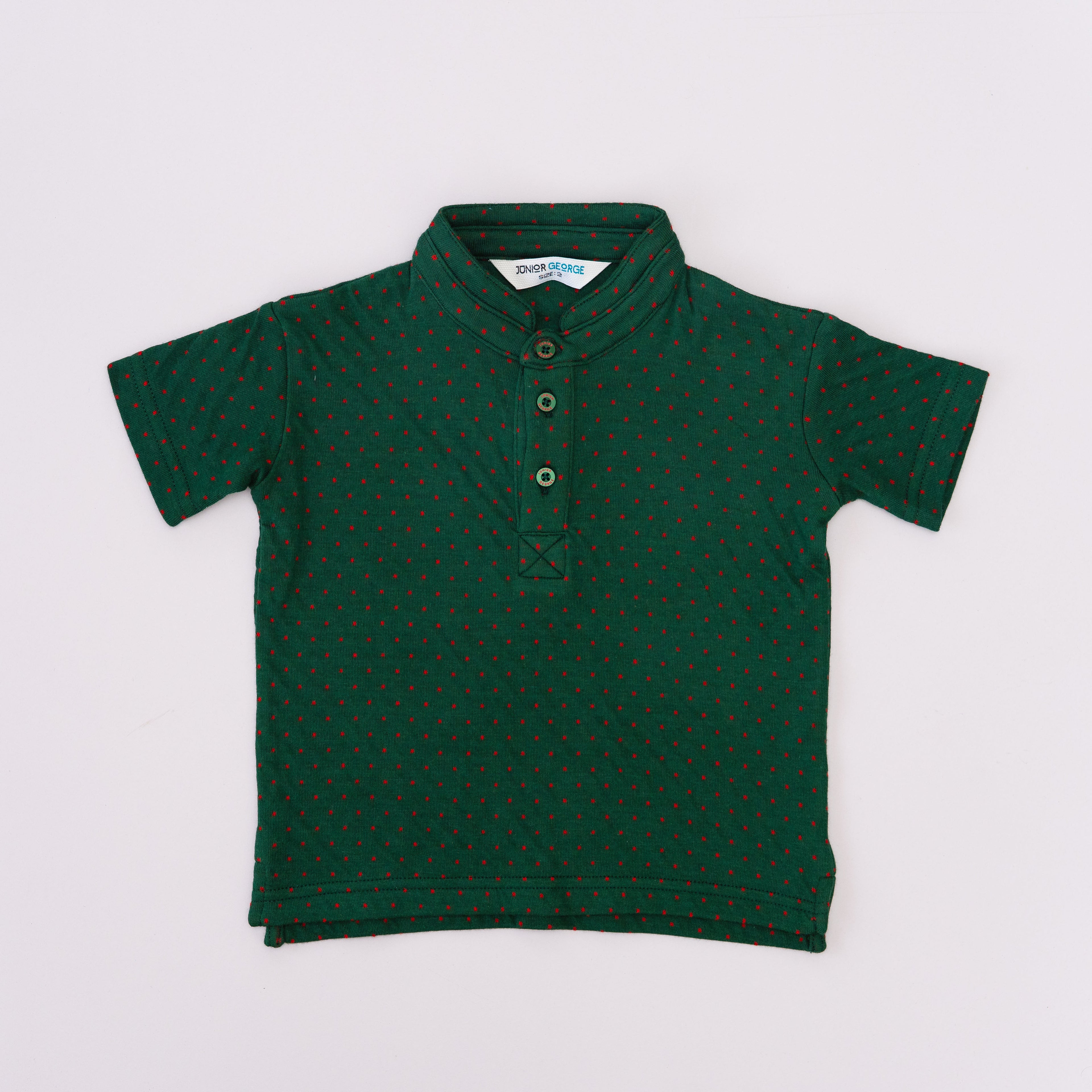 Chinese Collar T shirt - Green With Red Dots-28046
