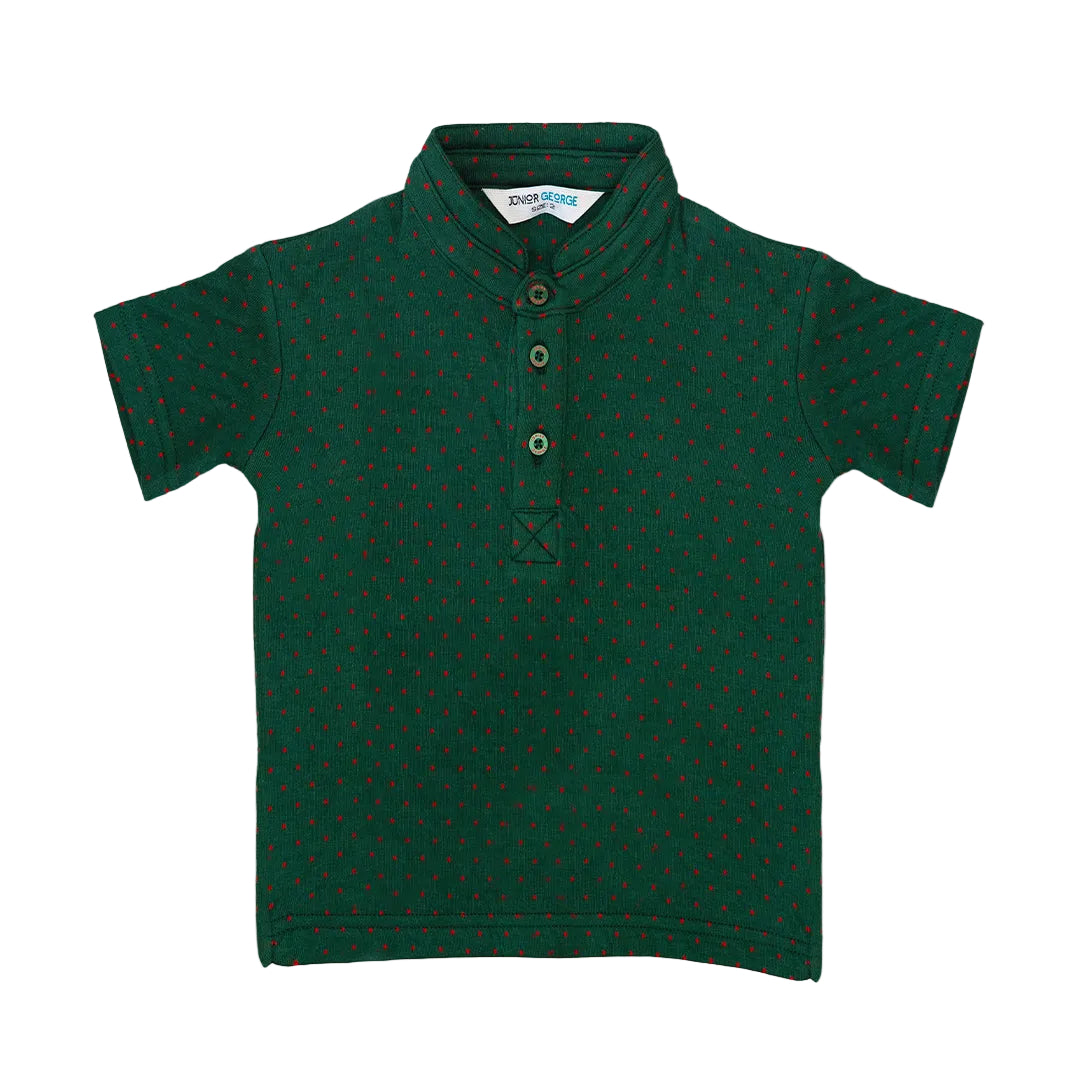 Chinese Collar T shirt - Green With Red Dots-28046