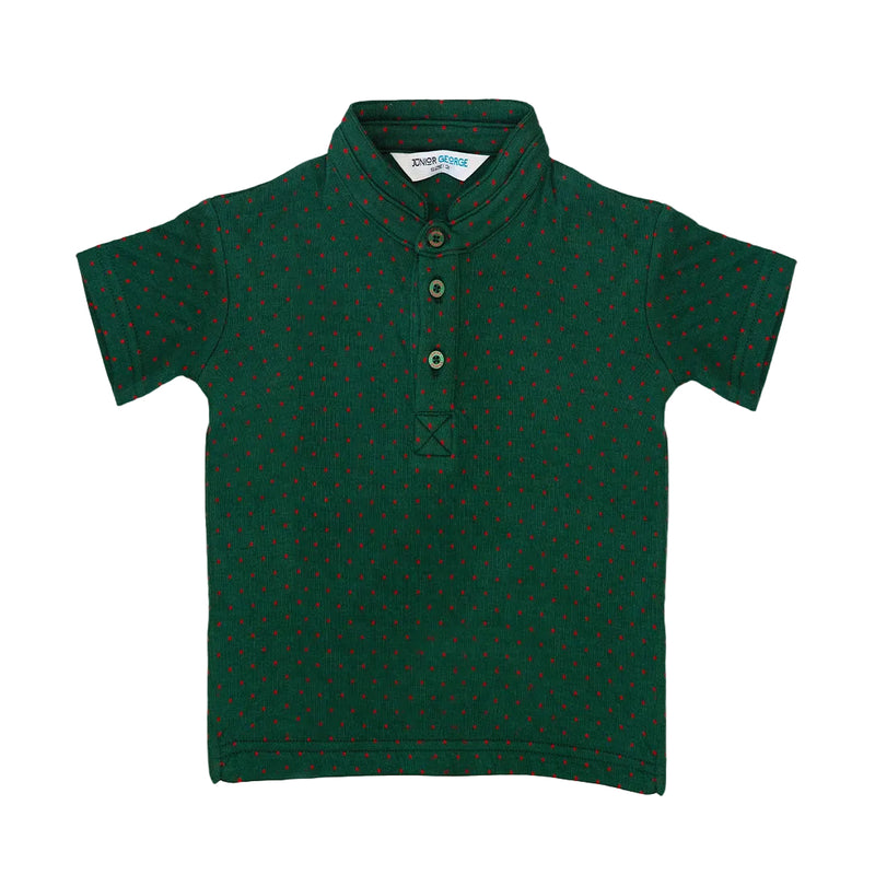 Chinese Collar T shirt - Green With Red Dots-28046