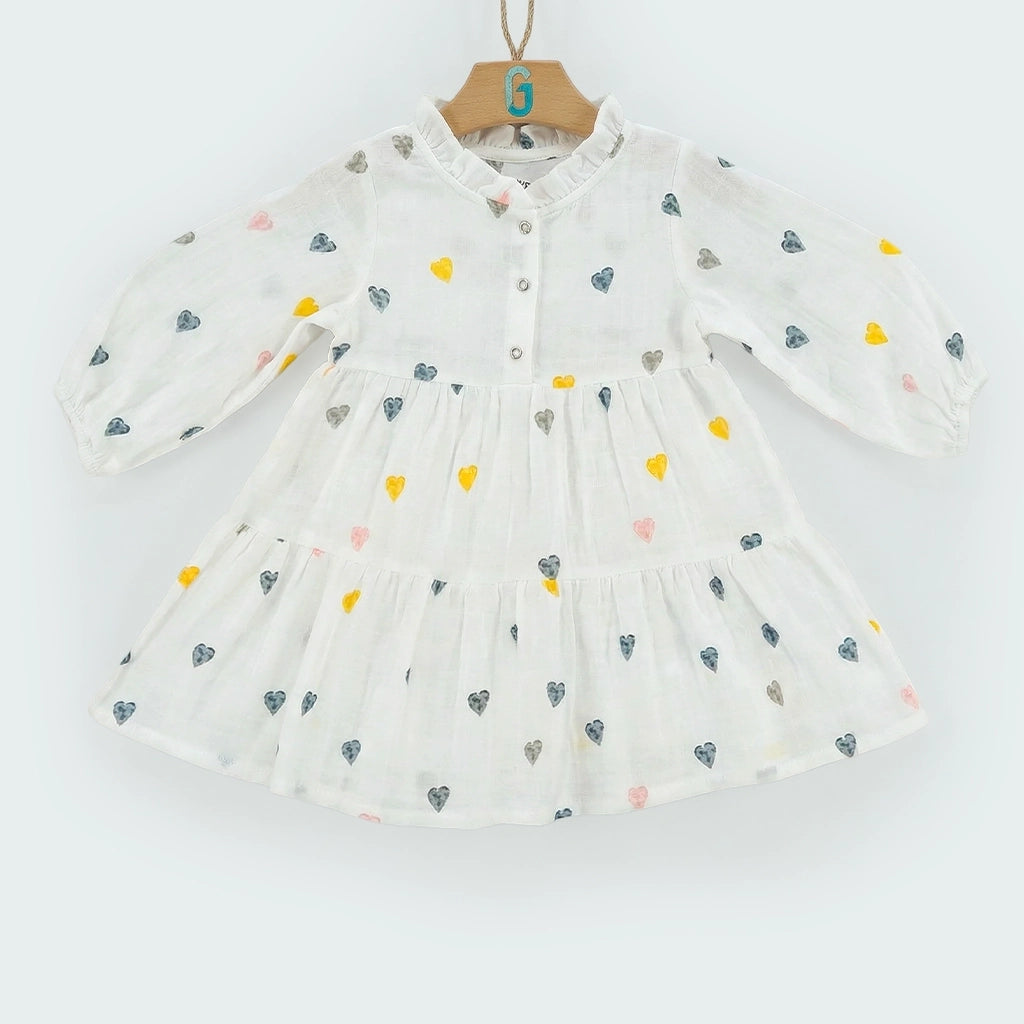 Dress White Long Sleeves - Black Yellow Pink Hearts Printed-28055