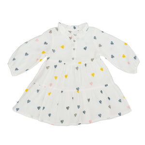 Dress White Long Sleeves - Black Yellow Pink Hearts Printed-28055