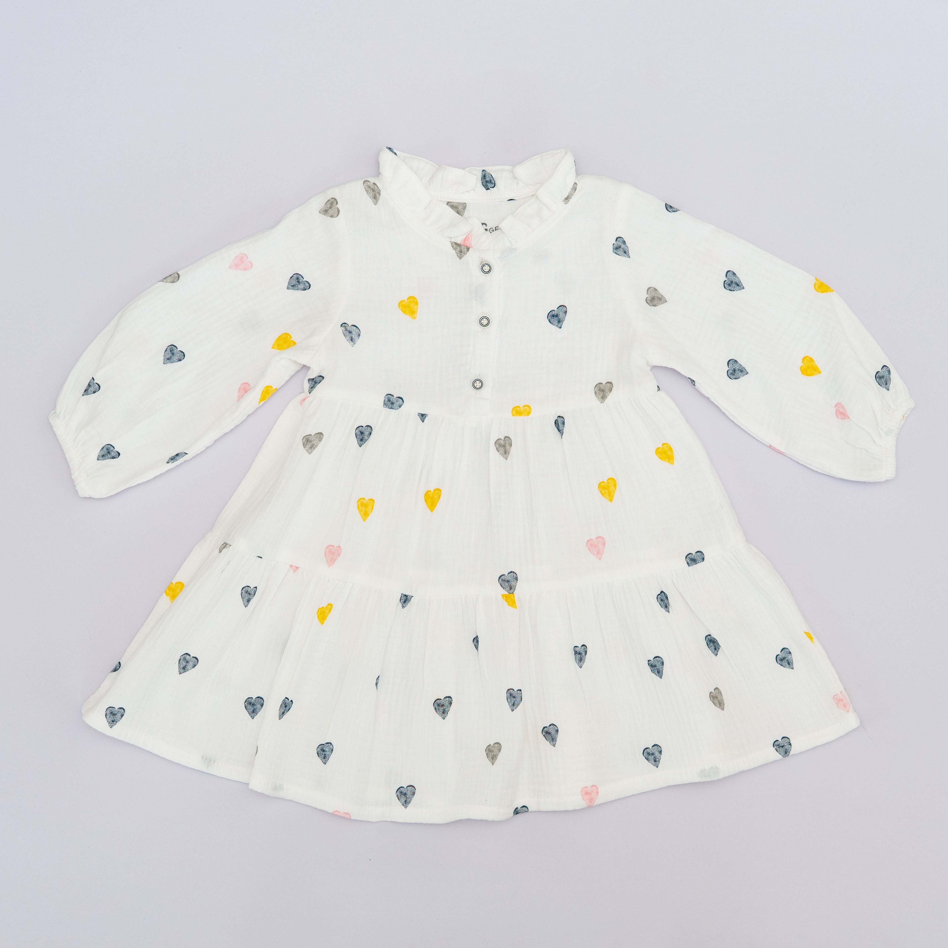 Dress White Long Sleeves - Black Yellow Pink Hearts Printed-28055