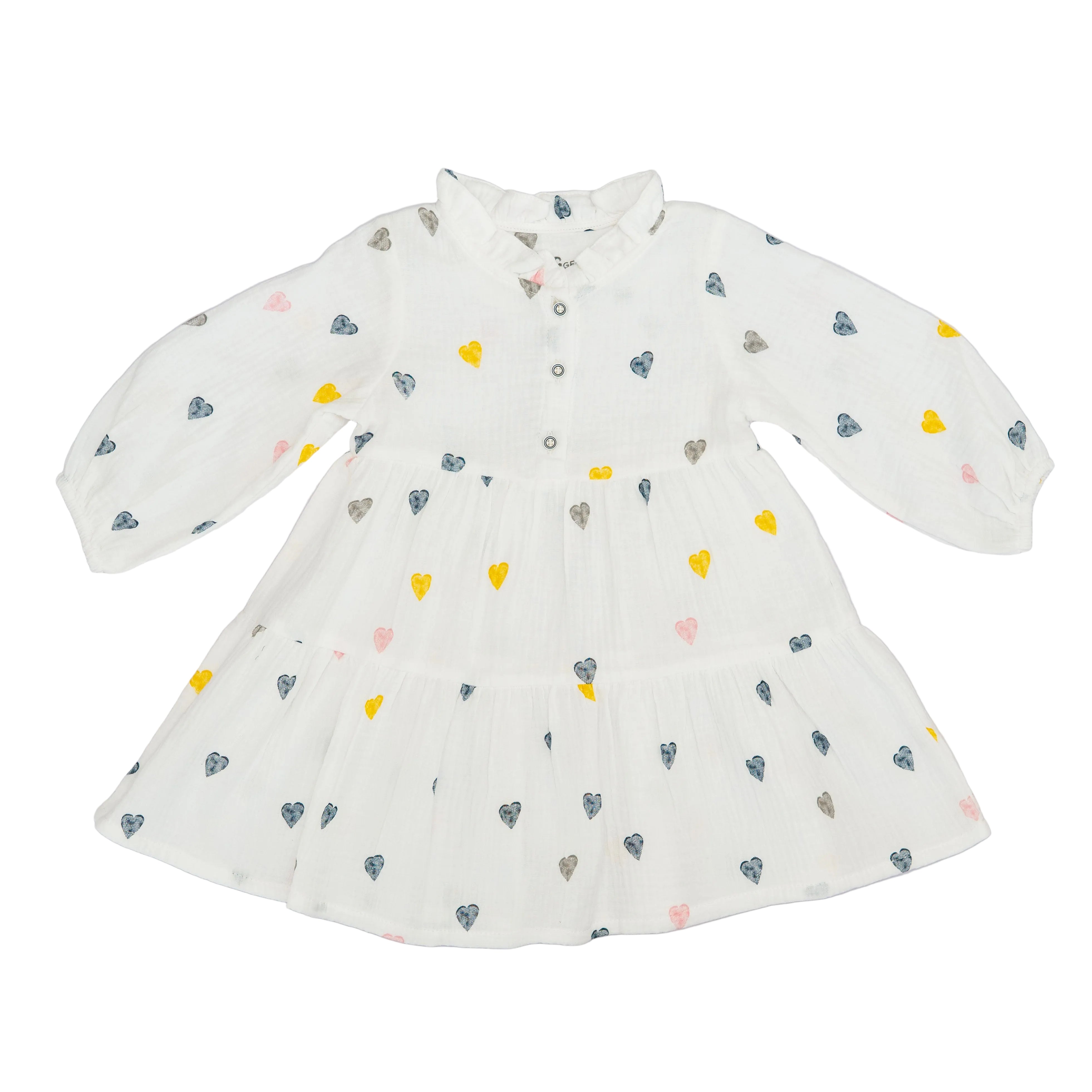 Dress White Long Sleeves - Black Yellow Pink Hearts Printed-28055