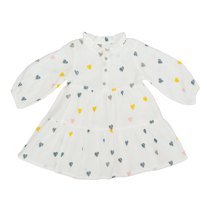 Dress White Long Sleeves - Black Yellow Pink Hearts Printed-28055