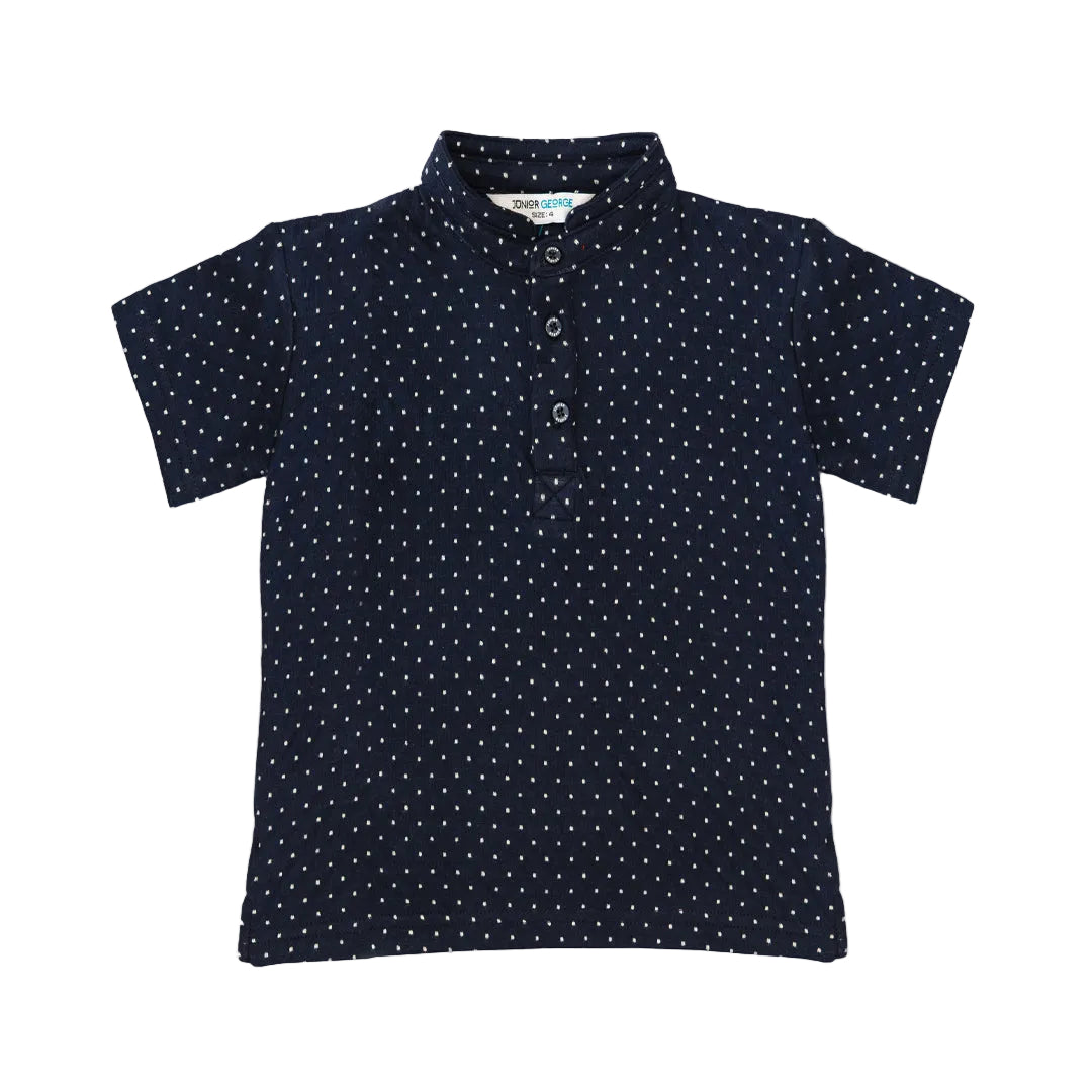 Chinese Collar T Shirt - Navy Blue With White Dots-28065