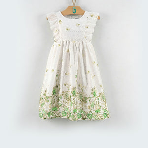 Dress White - Green Flowers Printed - 28107