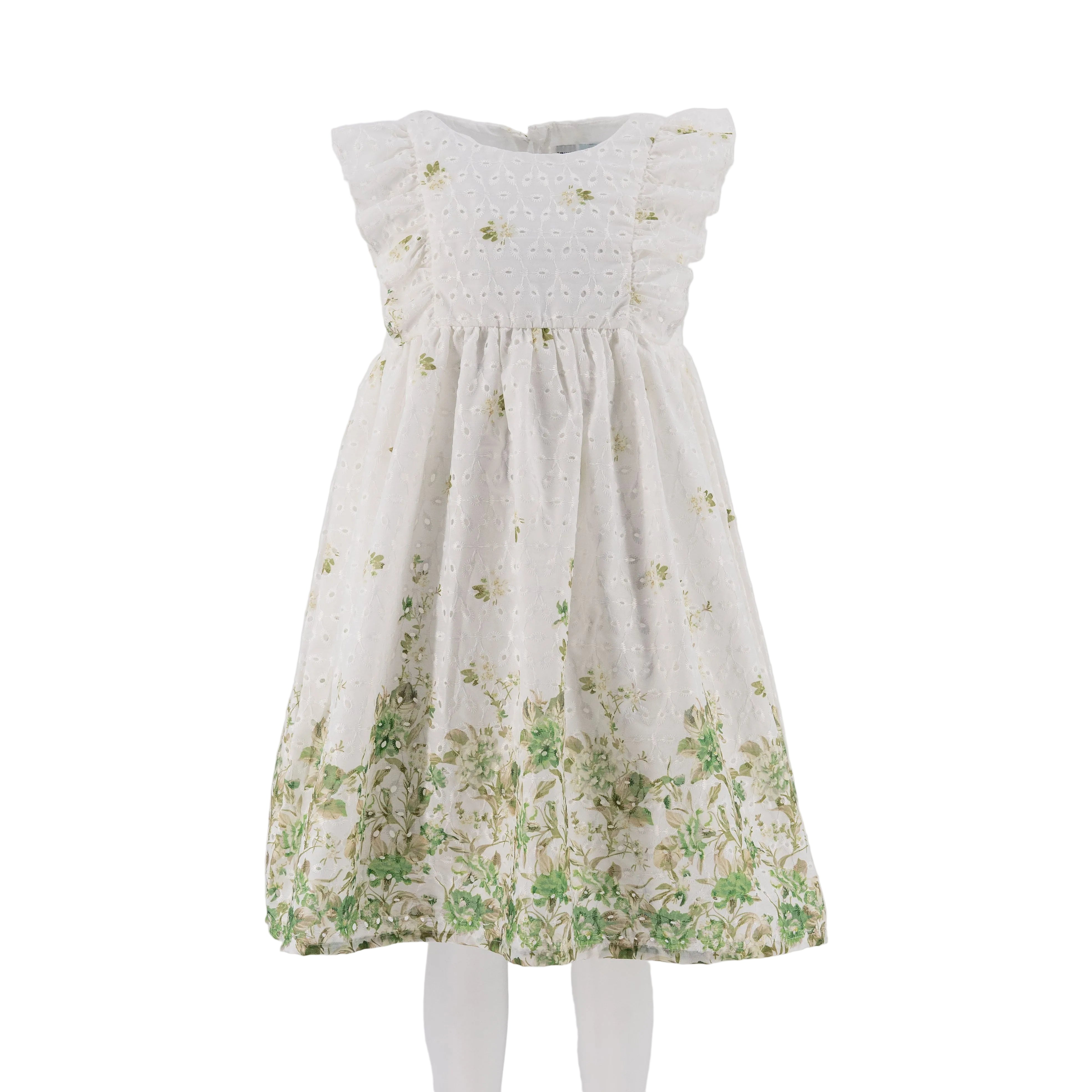 Dress White - Green Flowers Printed - 28107