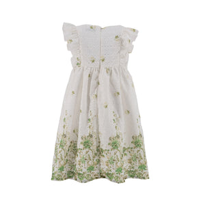 Dress White - Green Flowers Printed - 28107