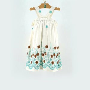 Dress off White with Brown Flower Embroidery and Blue Border - 28109