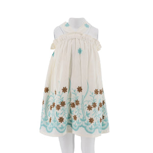 Dress off White with Brown Flower Embroidery and Blue Border - 28109