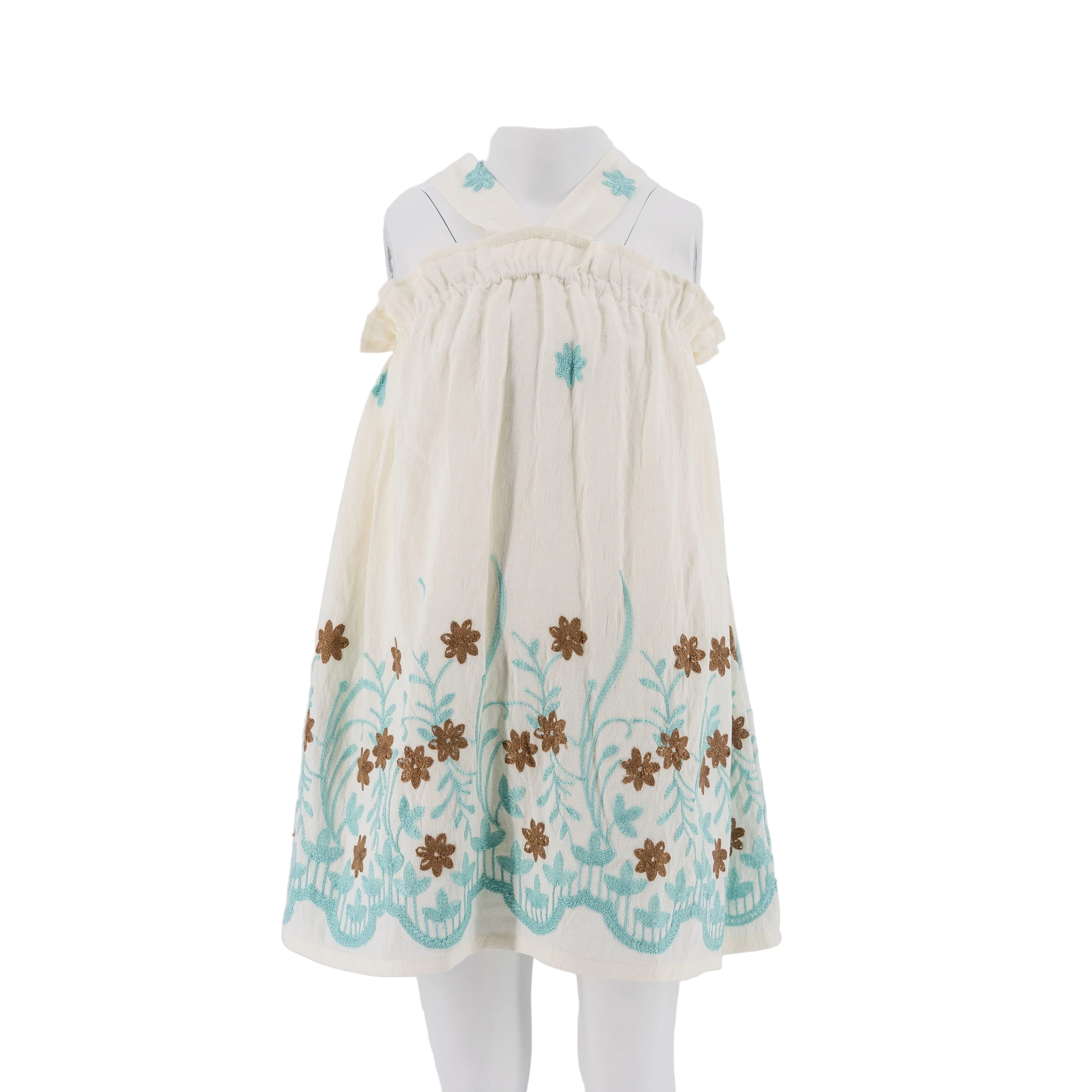 Dress off White with Brown Flower Embroidery and Blue Border - 28109