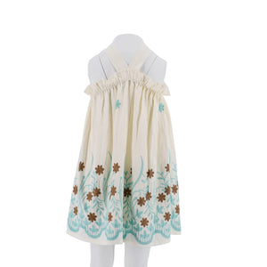 Dress off White with Brown Flower Embroidery and Blue Border - 28109
