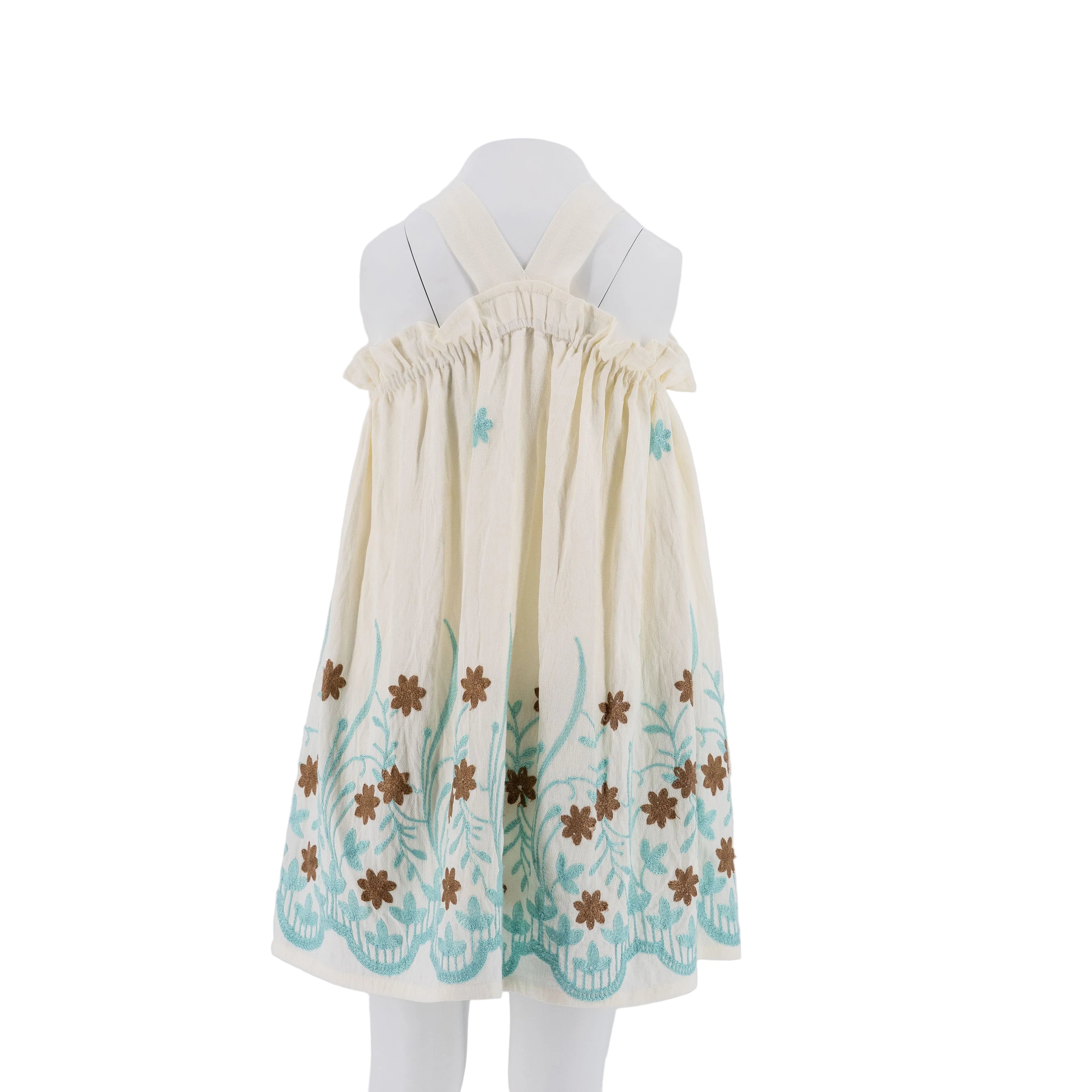 Dress off White with Brown Flower Embroidery and Blue Border - 28109