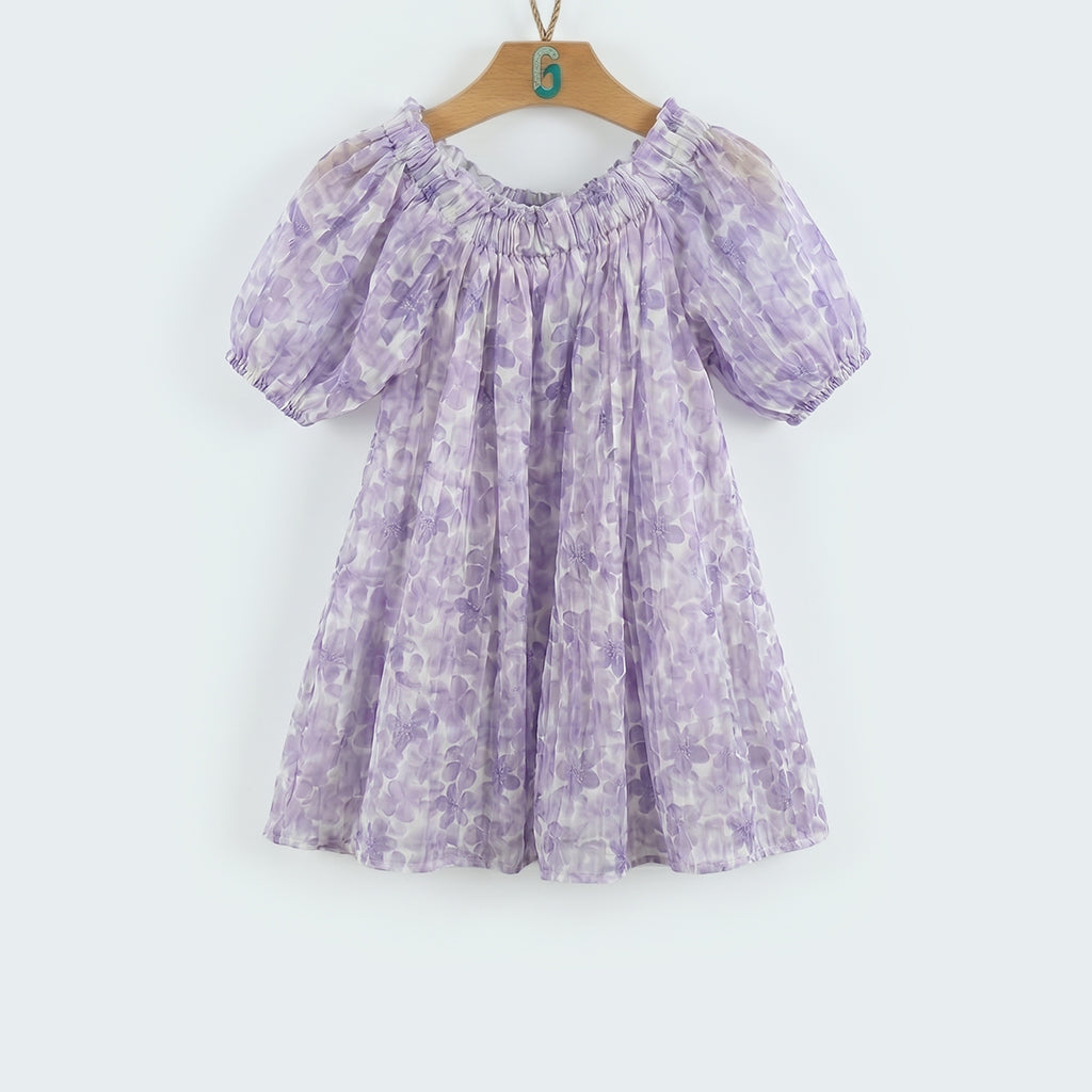 28170- Dress Printed Purple Flowers With Puff Sleeves