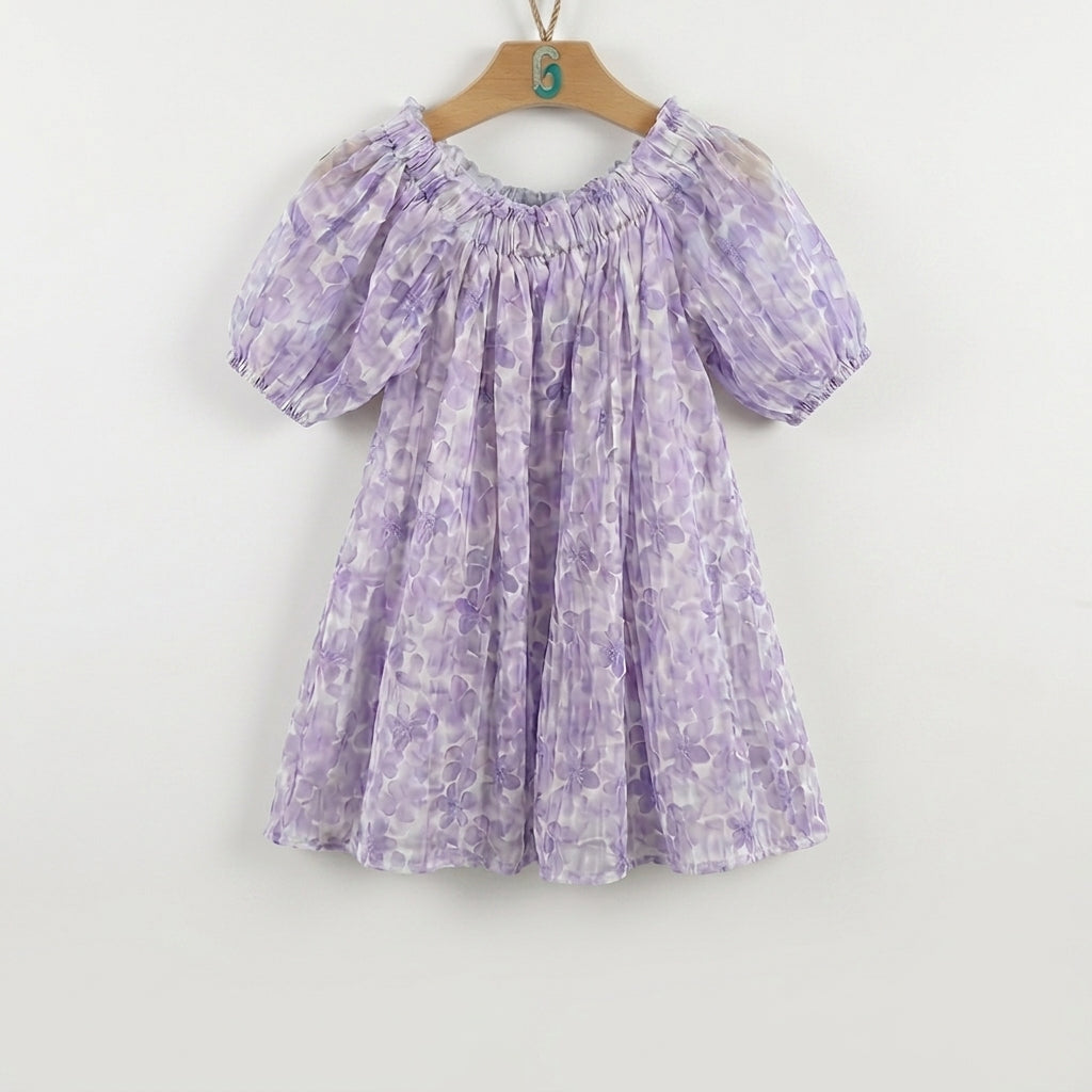 28170 - Dress Printed Purple Flowers With Puff Sleeves