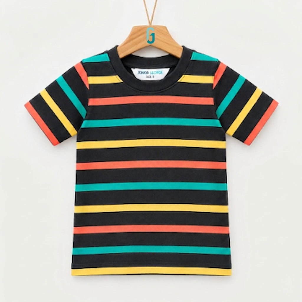 28031 - Crewneck Stripes Black With Multi Colour Stripes