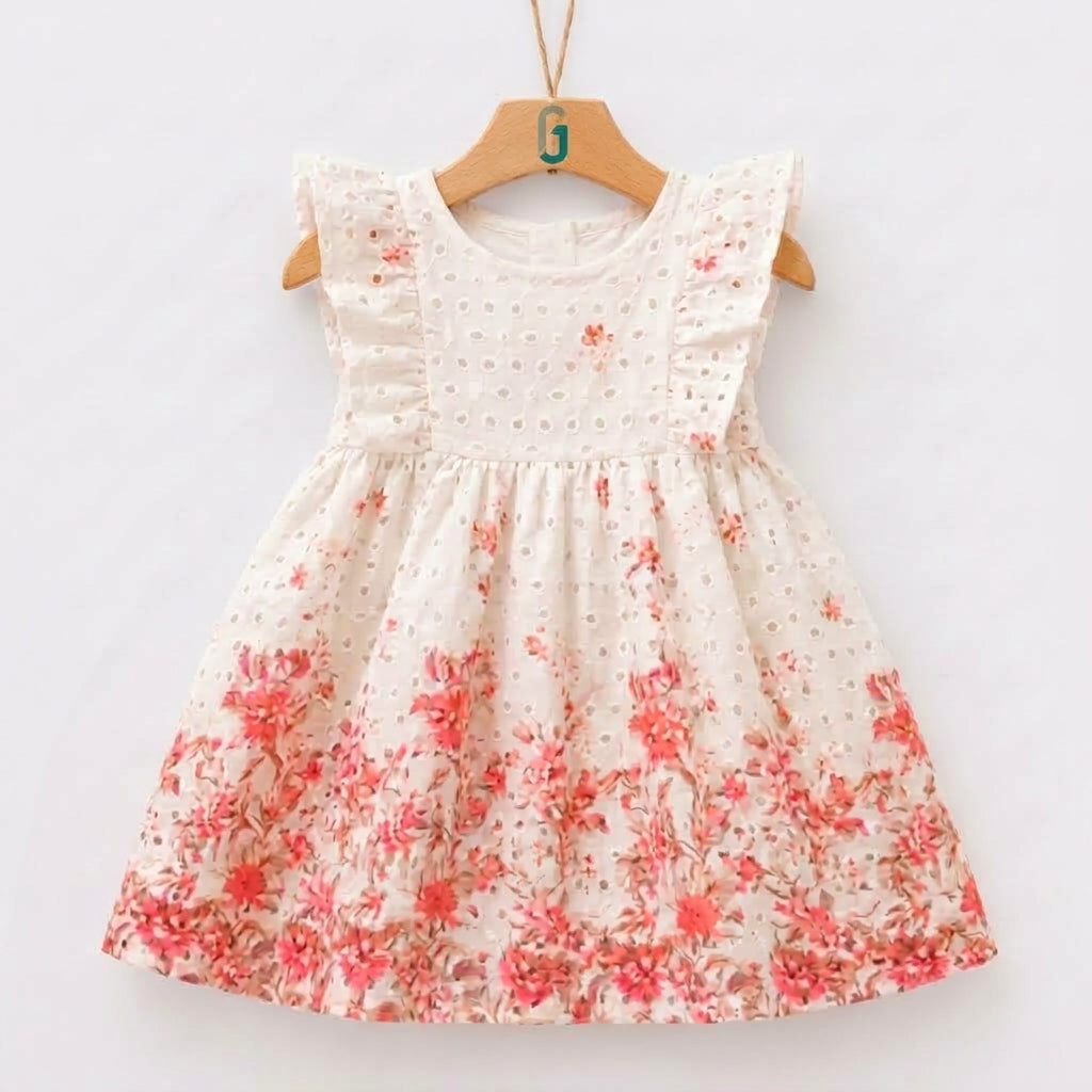 28215 - Dress White Pink Flowers Printed Frill Sleeves
