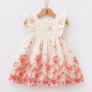 28215 - Dress White Pink Flowers Printed Frill Sleeves
